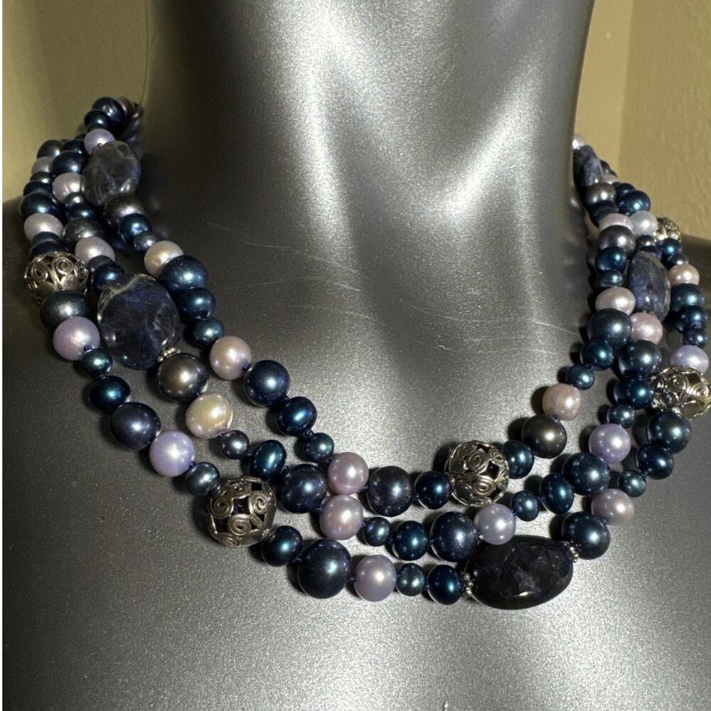 Lucas Lameth 3 Strand Faceted Oval Sodalite Cultured Pearls Necklace 17 to 20"